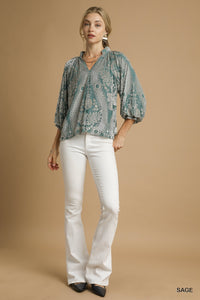 Sage Serenade Velvet Printed Raglan Top