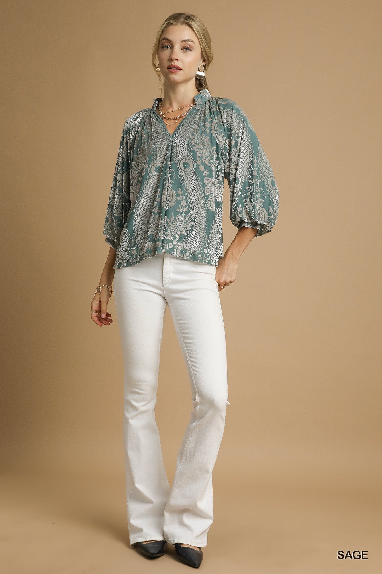 Sage Serenade Velvet Printed Raglan Top