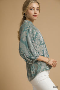 Sage Serenade Velvet Printed Raglan Top