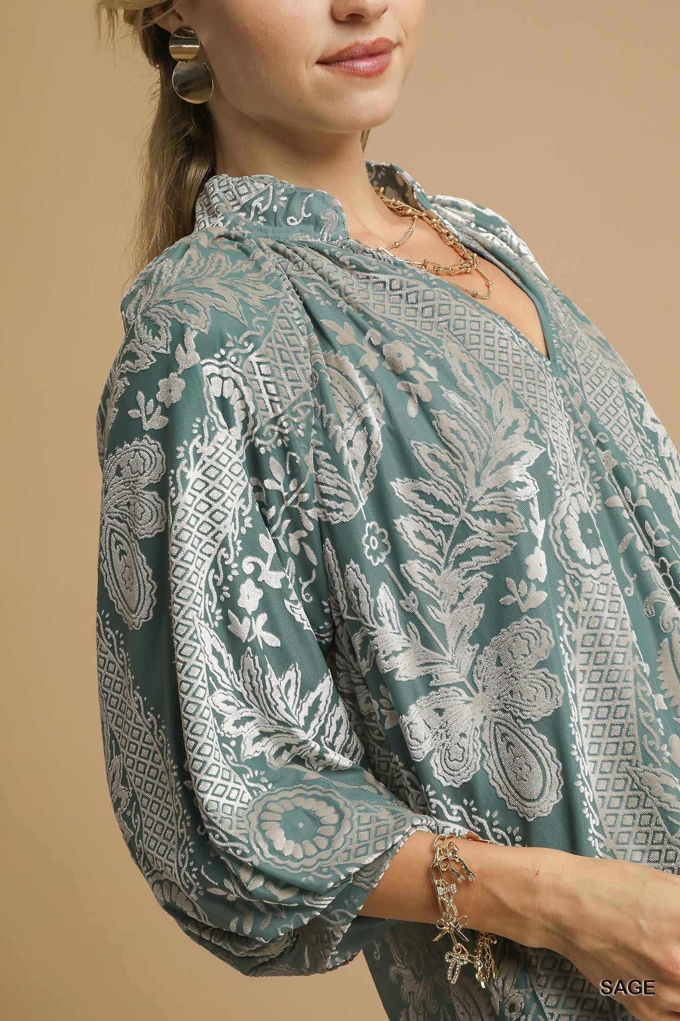 Sage Serenade Velvet Printed Raglan Top