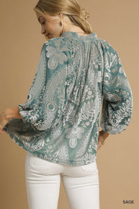 Sage Serenade Velvet Printed Raglan Top