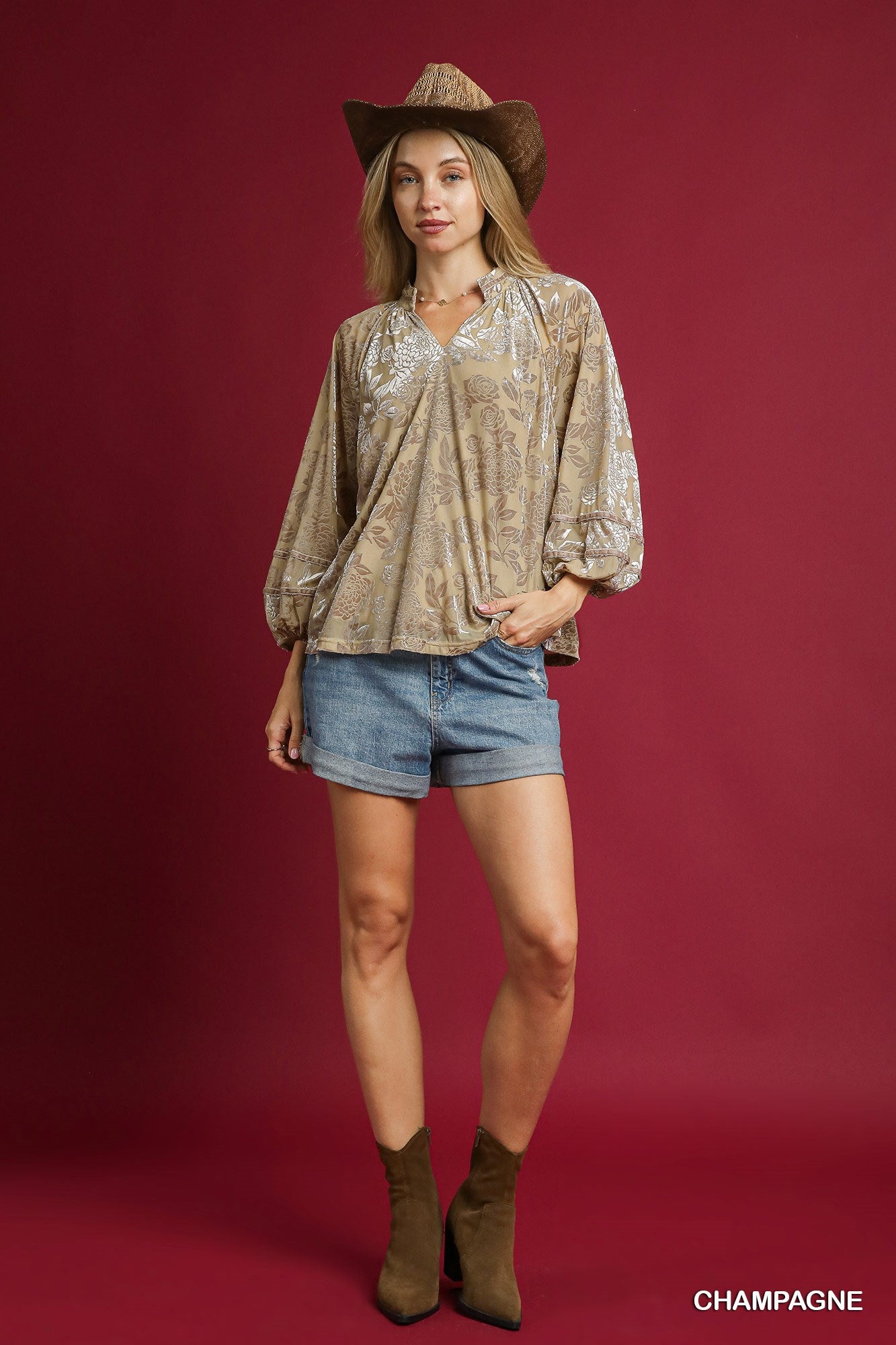 Gilded Garden Florals Velvet Top - Champagne