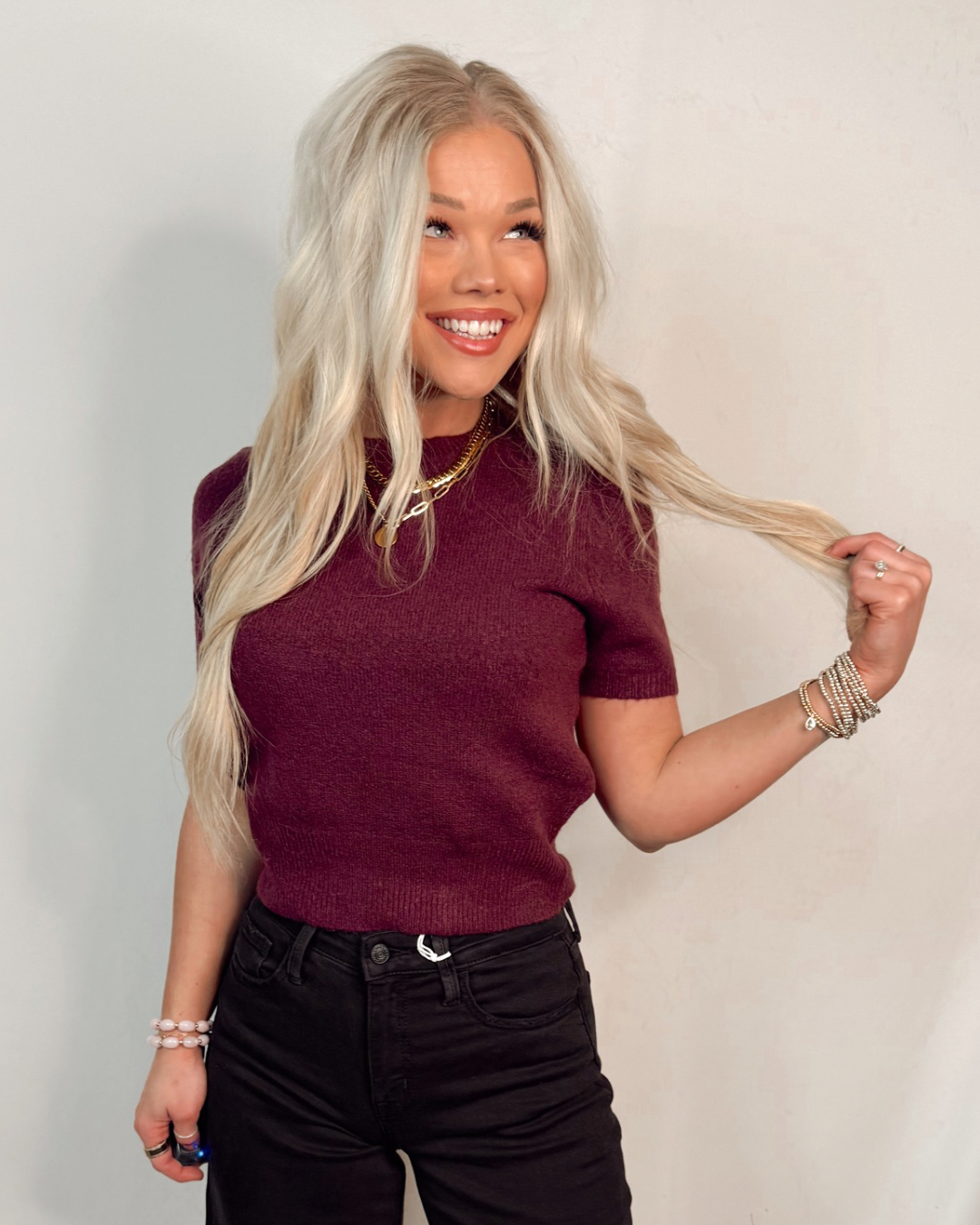 Confidence Boost Chic Knit Everyday Blouse in Maroon