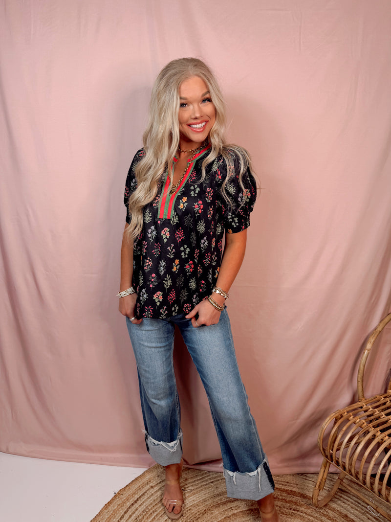 Fluent In Florals Printed Contrast Stripe Blouse