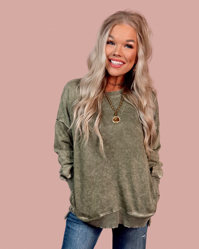Above Average Acid Wash Hi-Low Pullover Sweater - Light Olive