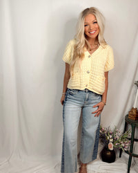 Wynona Woven Knit Button Up Blouse in Light Yellow
