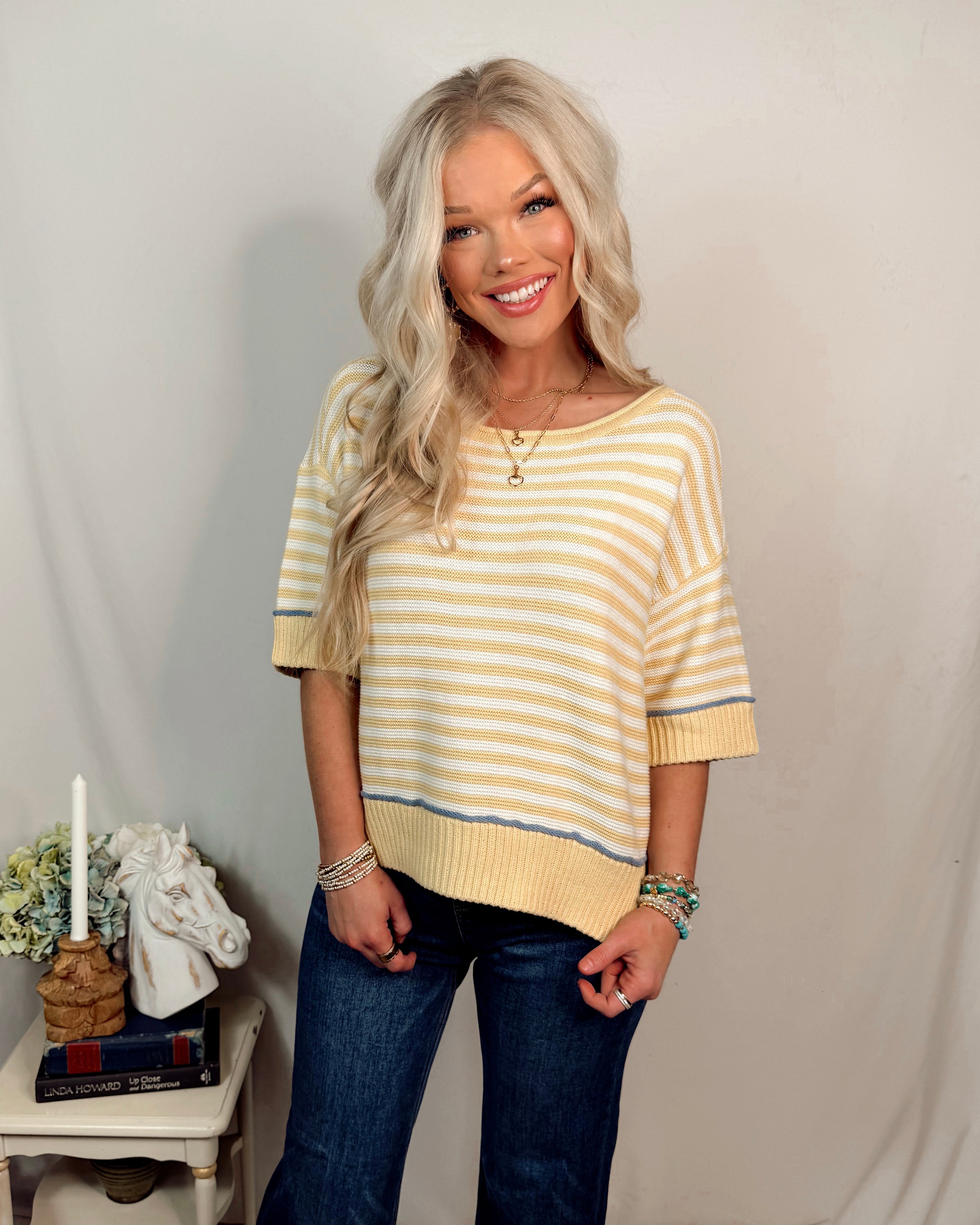 Sunshine & Stripes Contrast Trim Knit Top - Butter Yellow