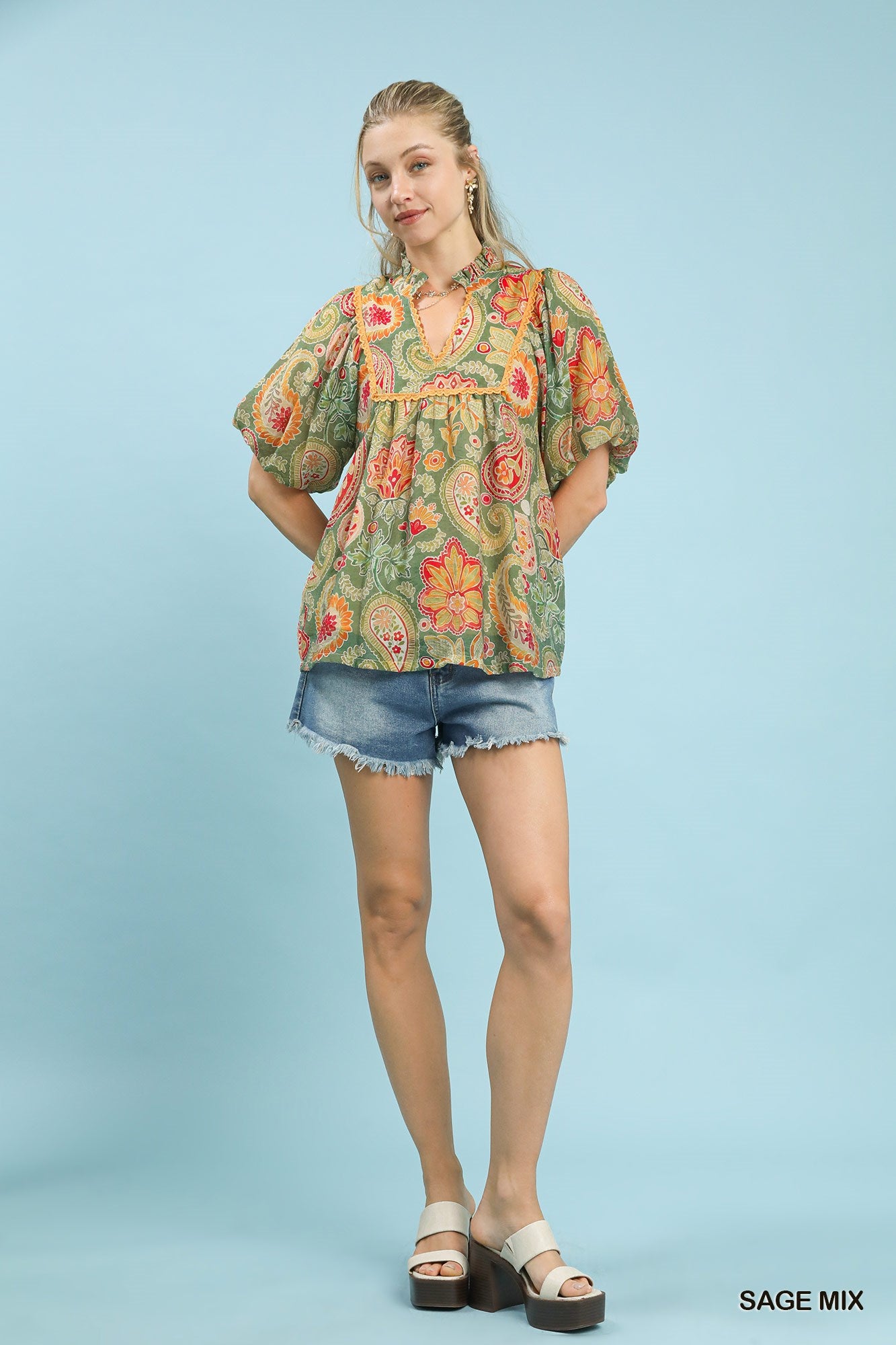 Solstice Bloom Paisley Print Top - Sage Mix