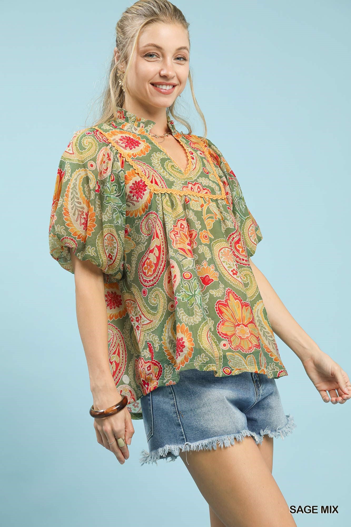 Solstice Bloom Paisley Print Top - Sage Mix