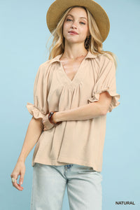 Calm & Collected Collared V Neck Top - Natural