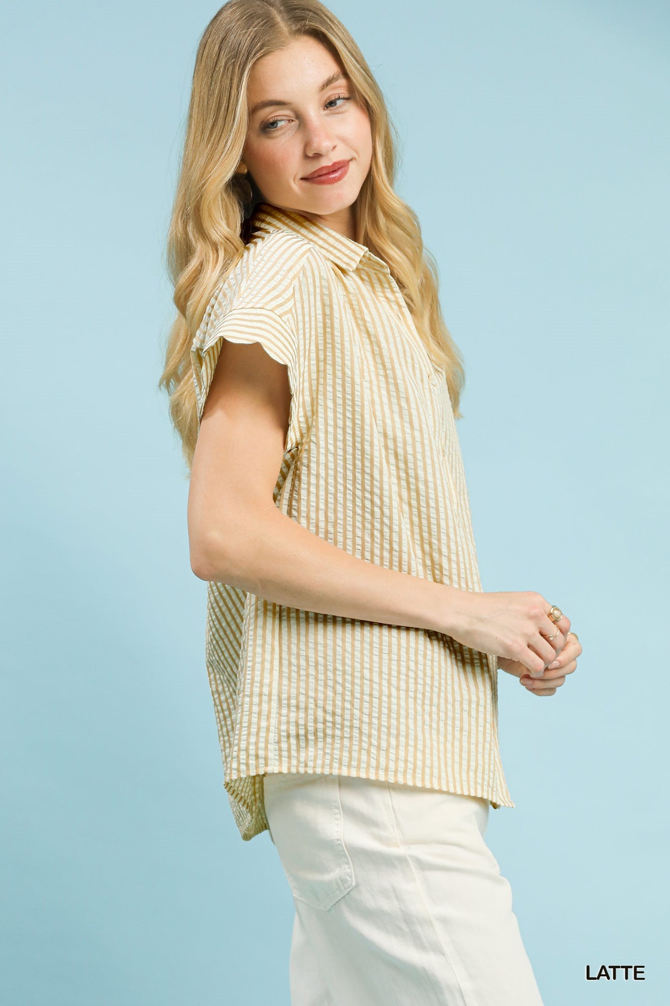 Bayside Brunch Striped Button Up Top - Latte