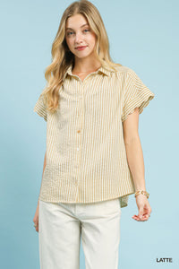 Bayside Brunch Striped Button Up Top - Latte