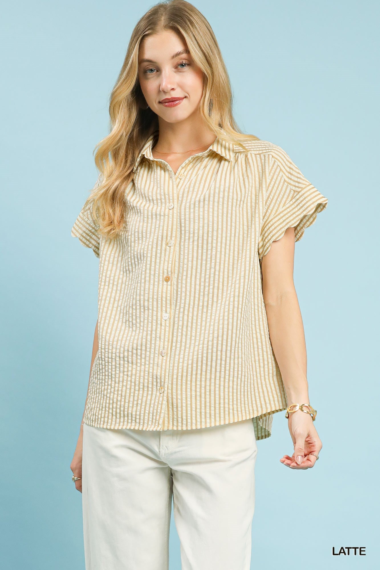 Bayside Brunch Striped Button Up Top - Latte