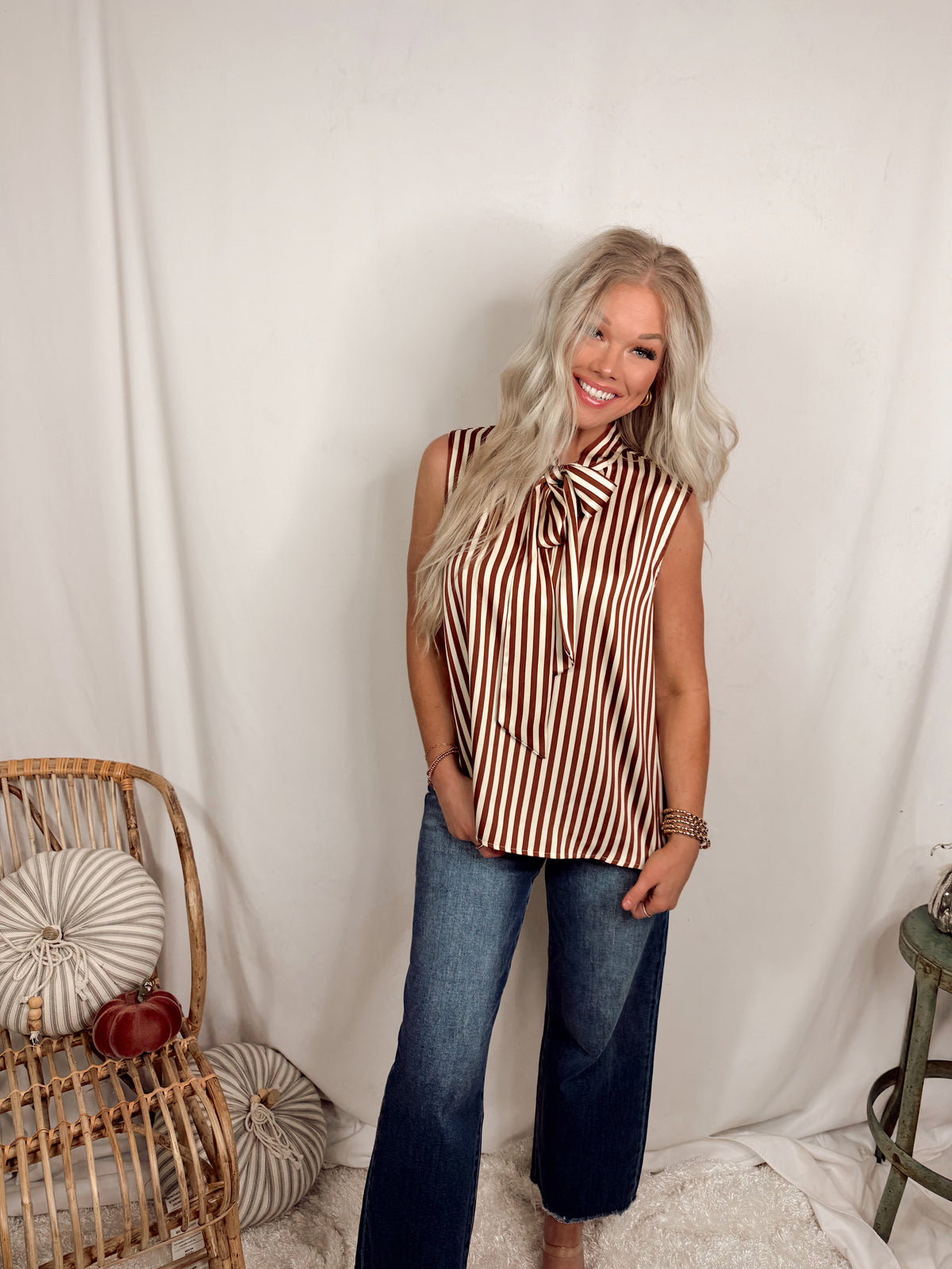 Sierra Sleek Satin Striped Sleeveless Neck Tie Blouse in Brown