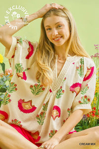 Color Me Bloom Floral Print V Neck Blouse - Cream