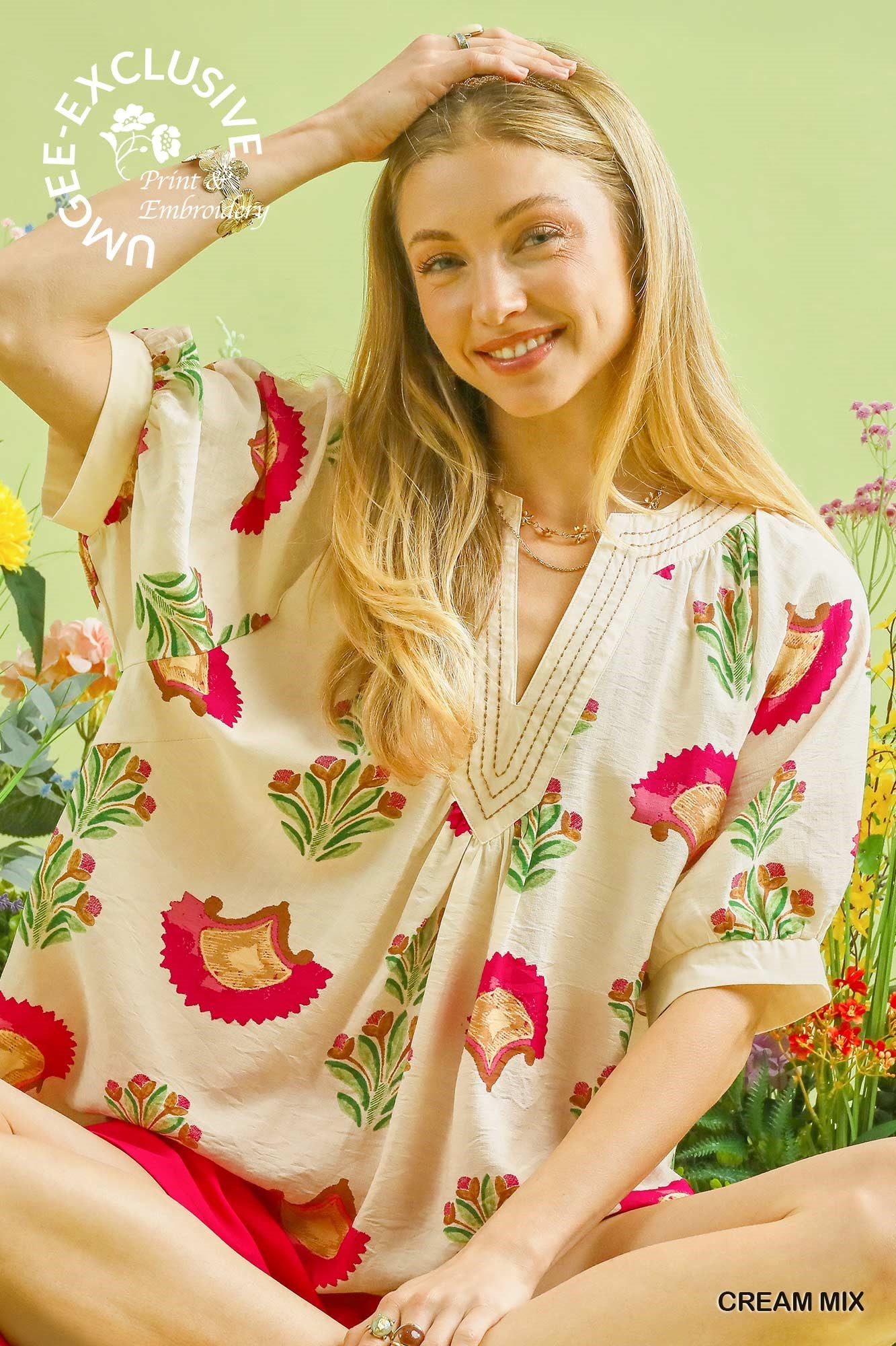Color Me Bloom Floral Print V Neck Blouse - Cream