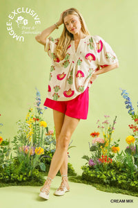 Color Me Bloom Floral Print V Neck Blouse - Cream