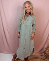 Country Club Brunch Striped Long Sleeve Midi Dress in Green