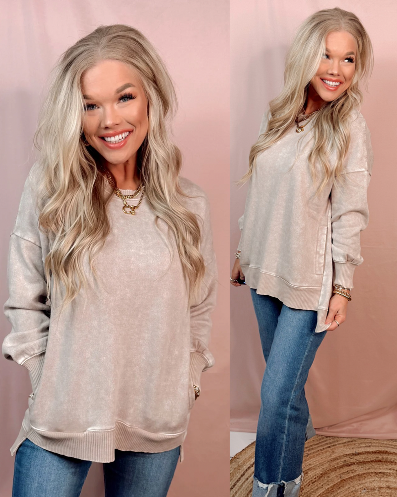 Above Average Acid Wash Hi-Low Pullover Sweater - Ash Mocha