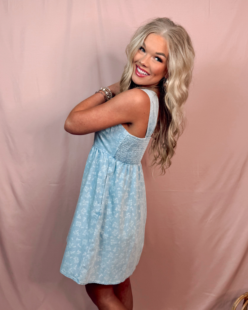 Charming Chambray Denim Floral Dress
