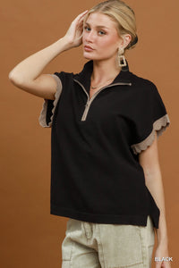 Casual Charm Half Zip Scalloped Knit Top - Black