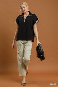 Casual Charm Half Zip Scalloped Knit Top - Black