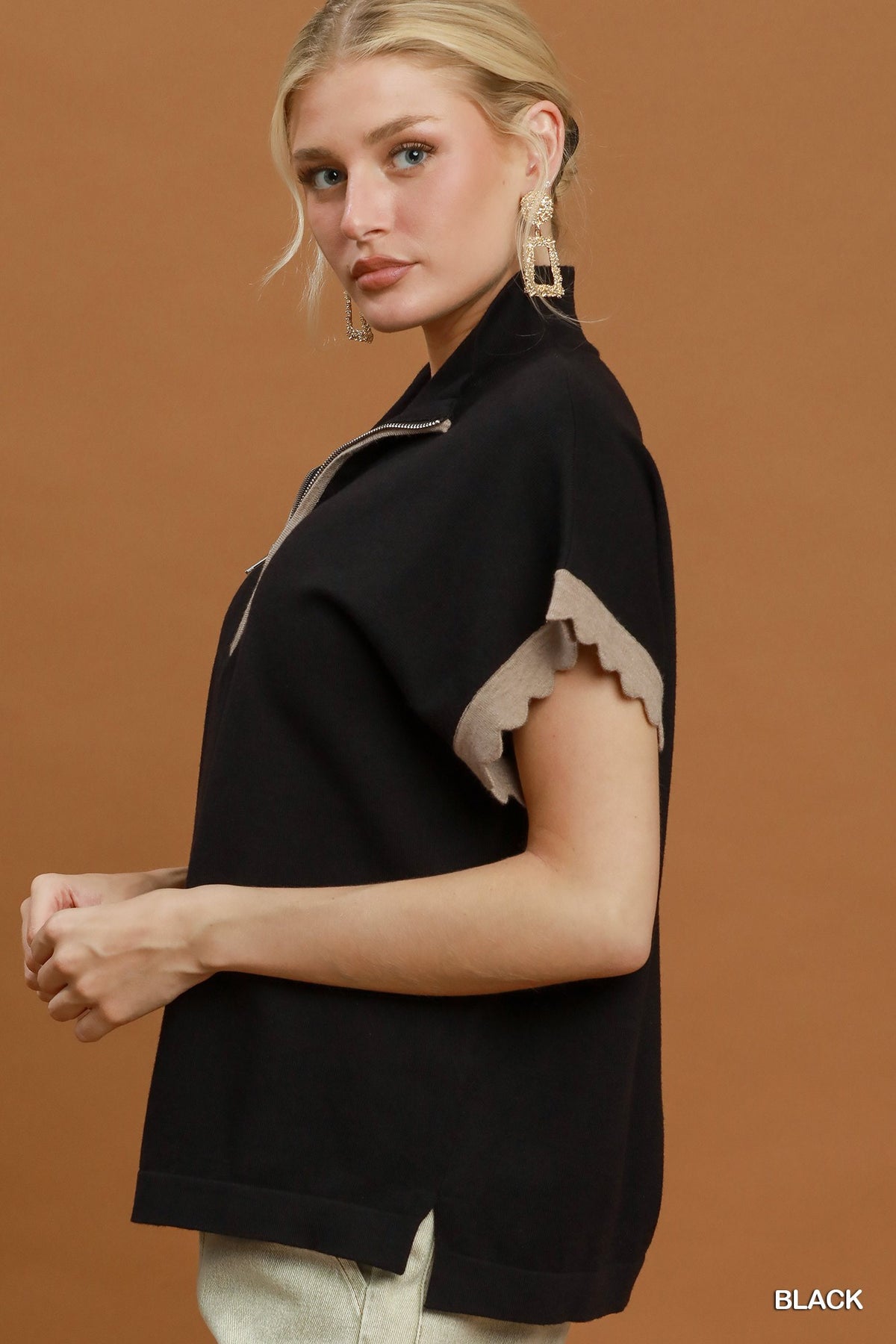 Casual Charm Half Zip Scalloped Knit Top - Black