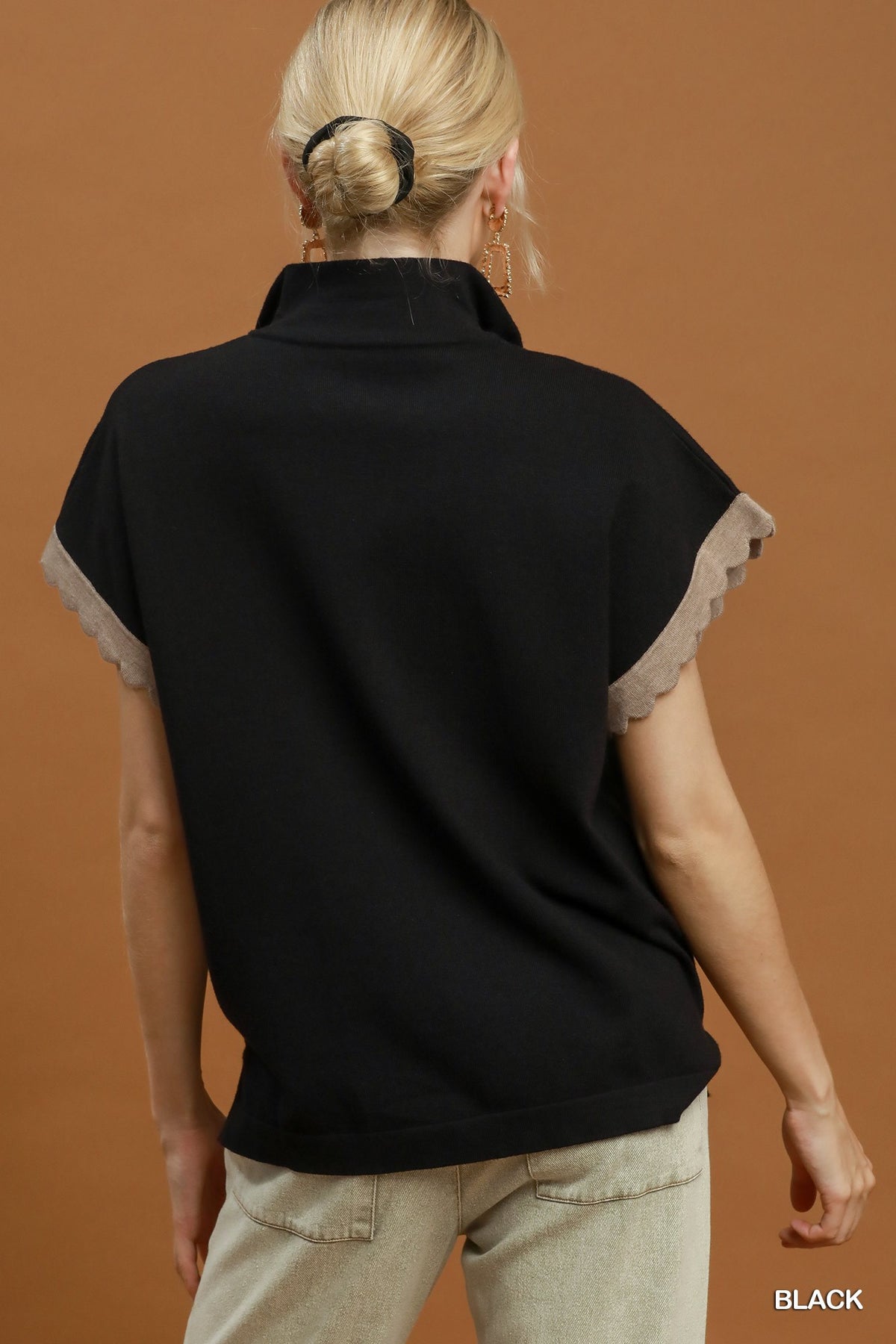 Casual Charm Half Zip Scalloped Knit Top - Black
