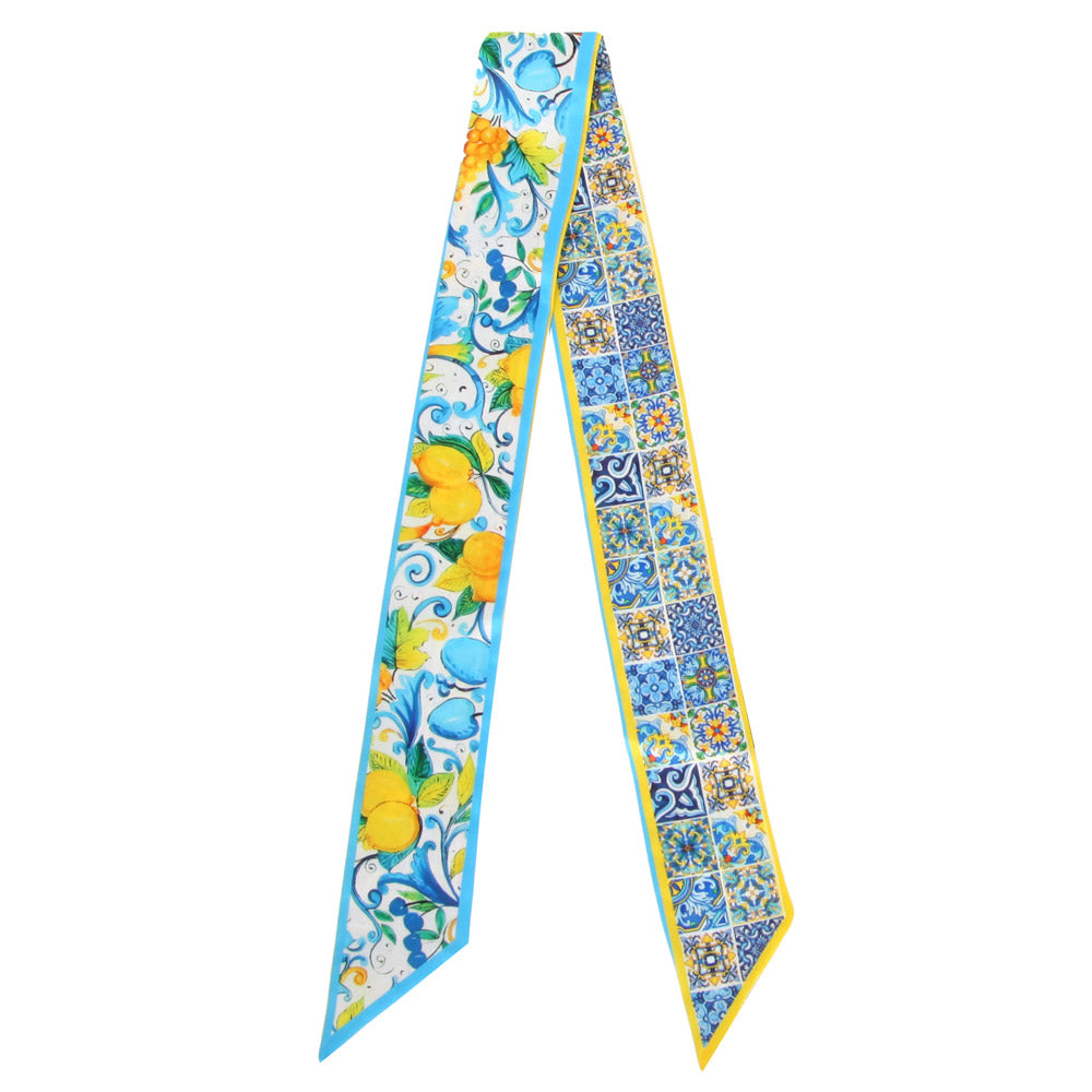 Summer in Santorini Lemon Satin Printed Twilly Scarf
