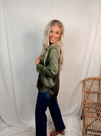 Closet Staple Crinkle Satin Long Sleeve Button Up Blouse - Olive Green