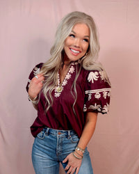 Regal Bloom Embroidered Puff Sleeve Blouse - Burgundy