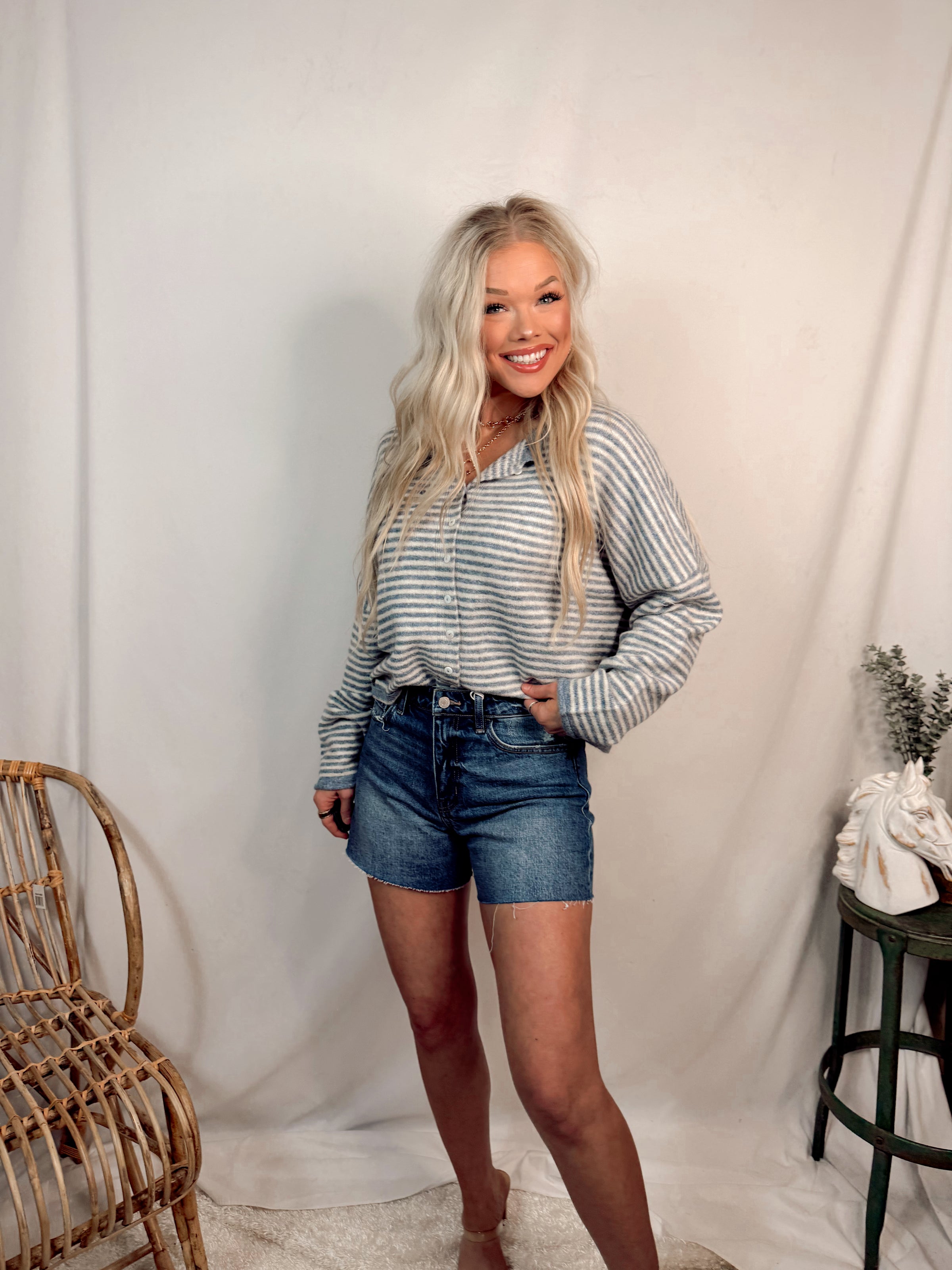Morning Fog Stripe Knit Top / Cardigan - Dusty Blue