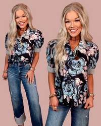 Midnight Floral Print & Striped Contrast Detail Blouse