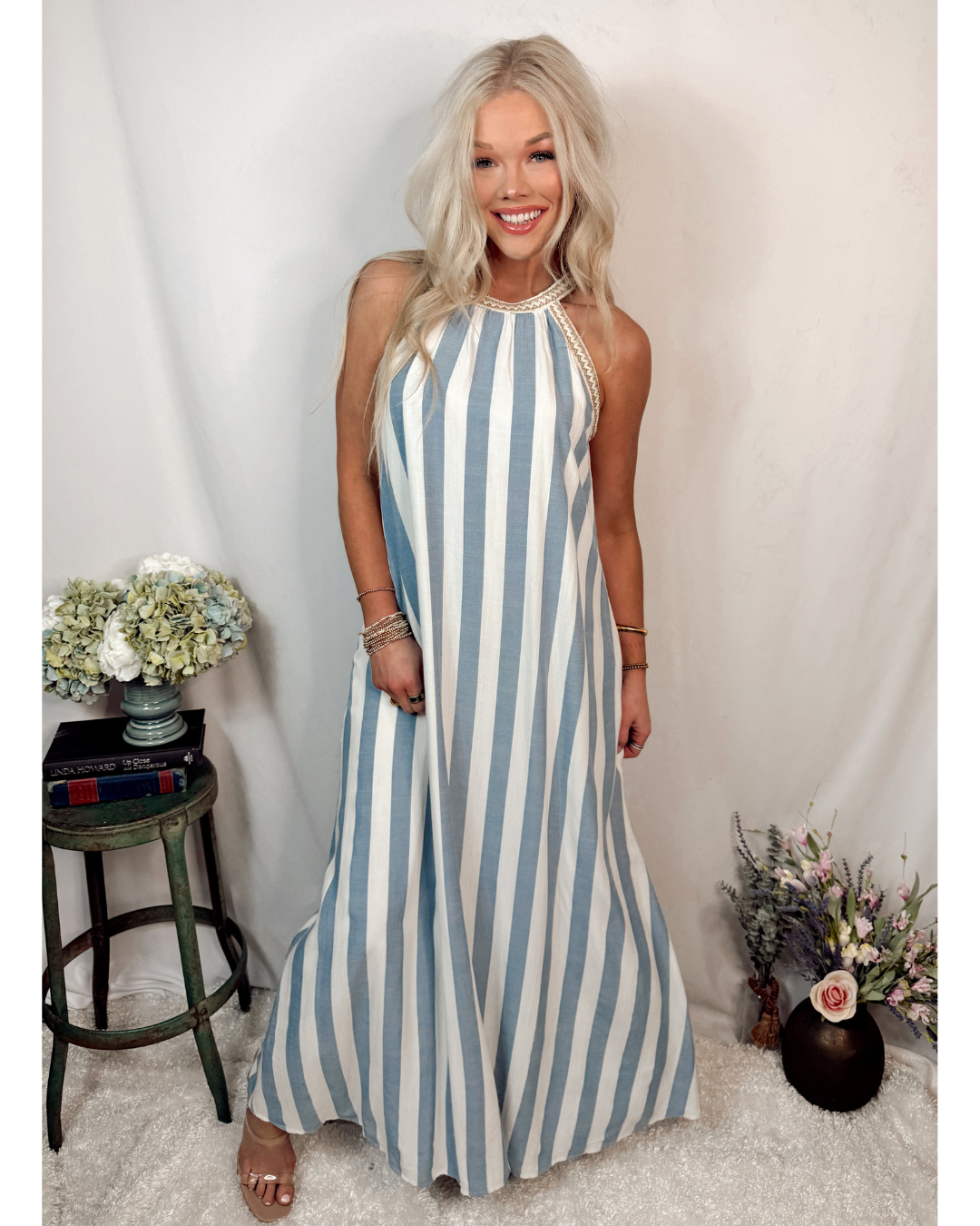 Barefoot Stripe Halter Neck Dress - Blue