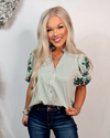 Elegant In Emerald Stripes + Floral Print Blouse