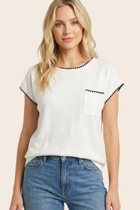 Seabreeze Stitched Contrast Pocket Top - Ivory/Black