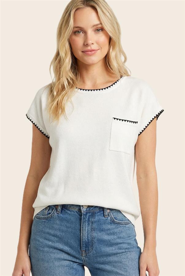 Seabreeze Stitched Contrast Pocket Top - Ivory/Black
