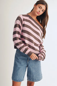 Luxe Chocolate Blush Striped Boat Neck Knit Sweater Blouse