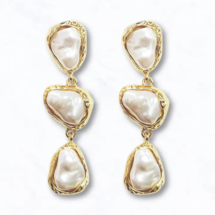 Baroque Style Pearl Tiered Dangle Earrings - Gold