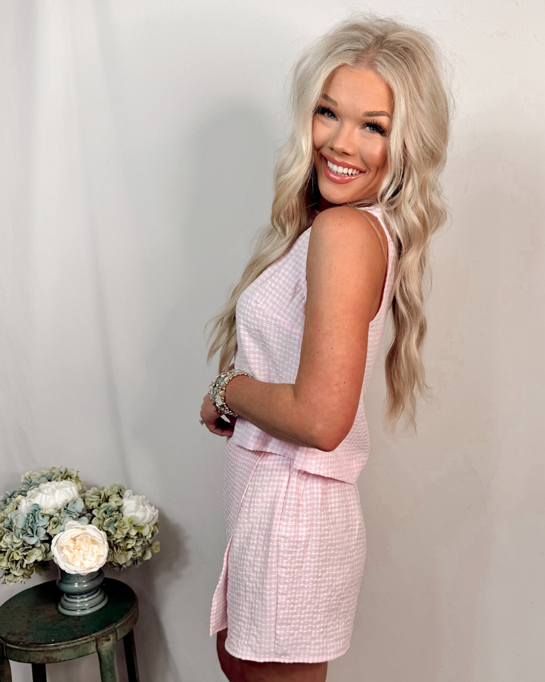 Sunday in Savannah Gingham Print Tank & Skort Set - Pink