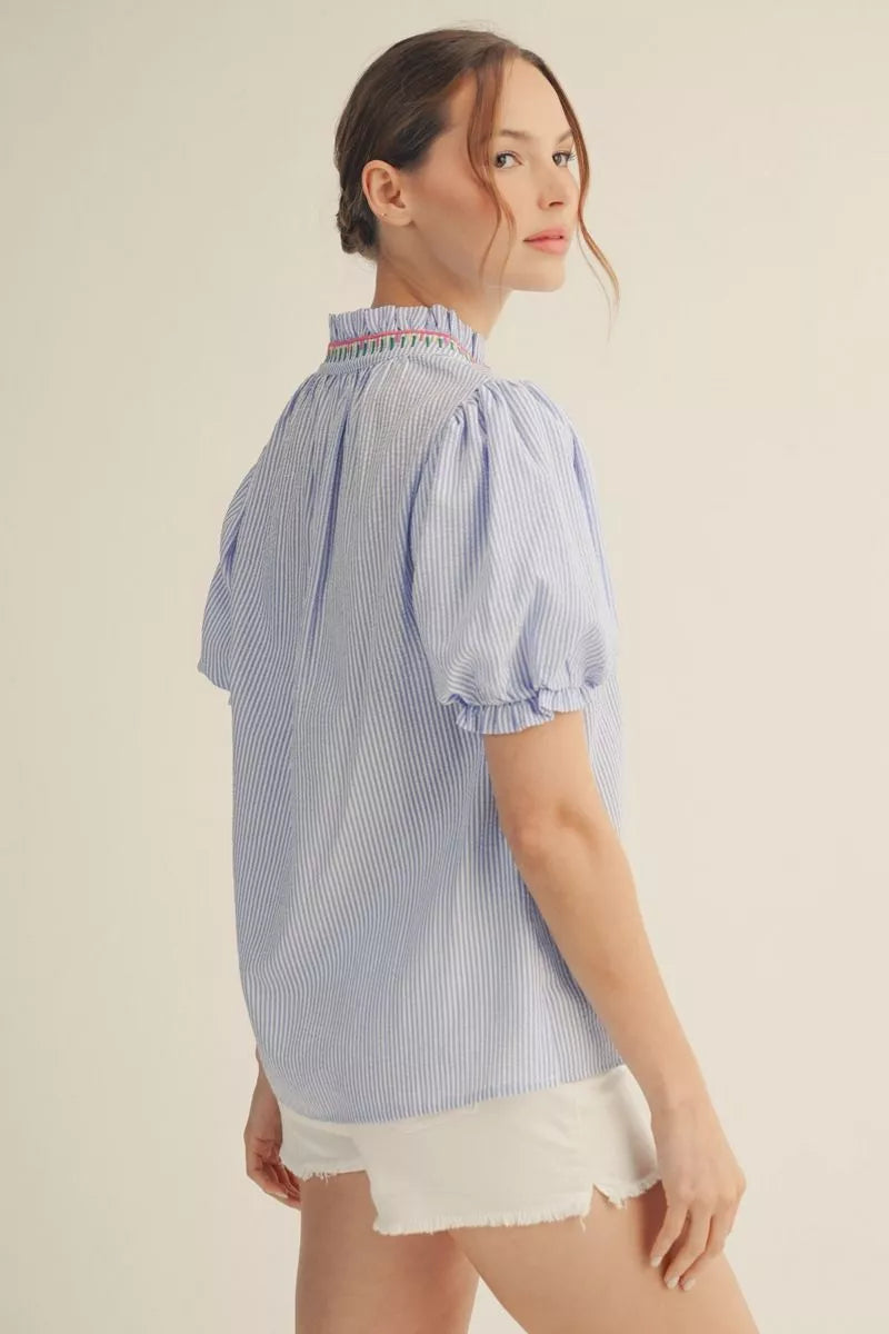 Southern Coastal Chic Collared Striped Embroidered Detailed Blouse