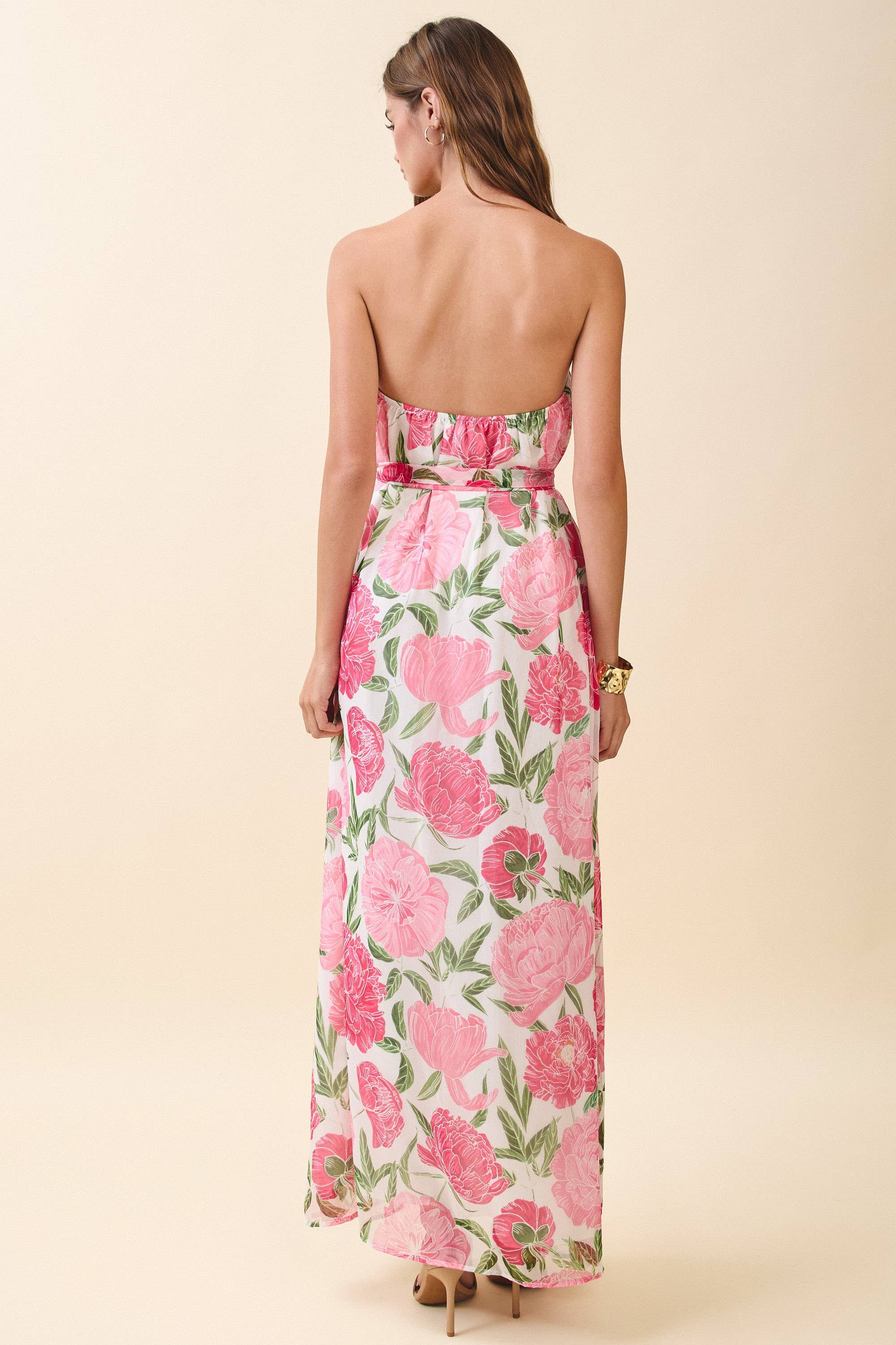 Rose Garden Party Floral Strapless Dress with Scarf