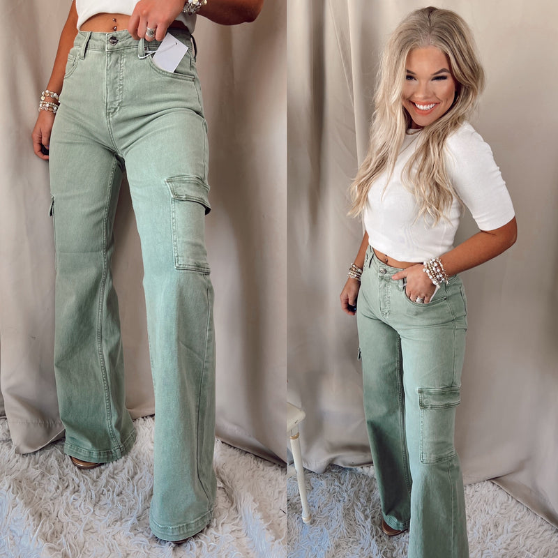 On Trend Olive High Rise Cargo Jeans