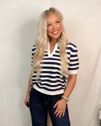 Keep It Classic Striped Knit V Neck Top - Navy