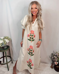 Soft Blooms Striped Floral Printed Maxi Dress - Taupe