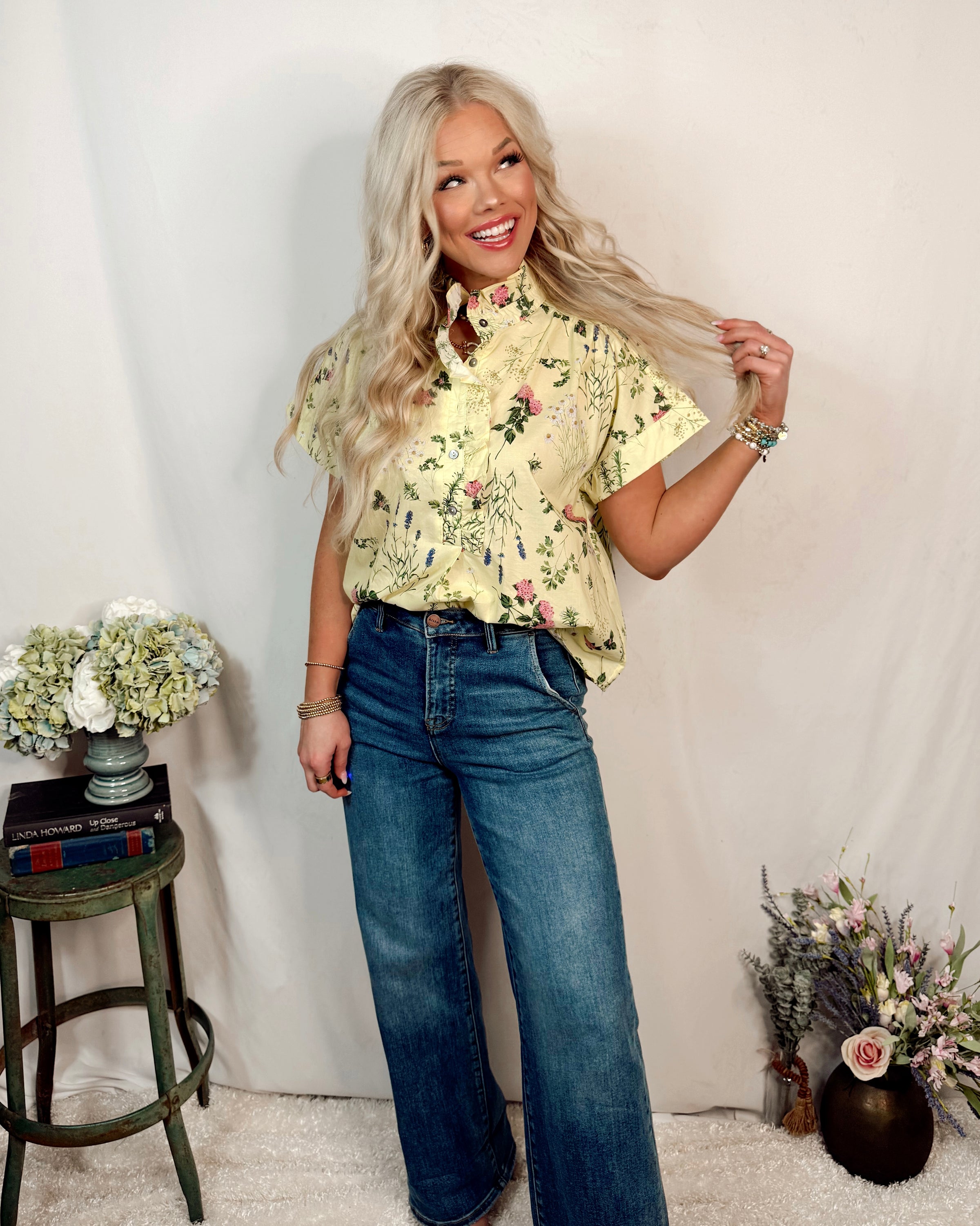 Sunny Side Floral Printed Ruffle Top - Lemon