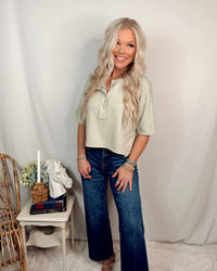 Effortless Charm Boxy Henley Knit Top - Light Sage