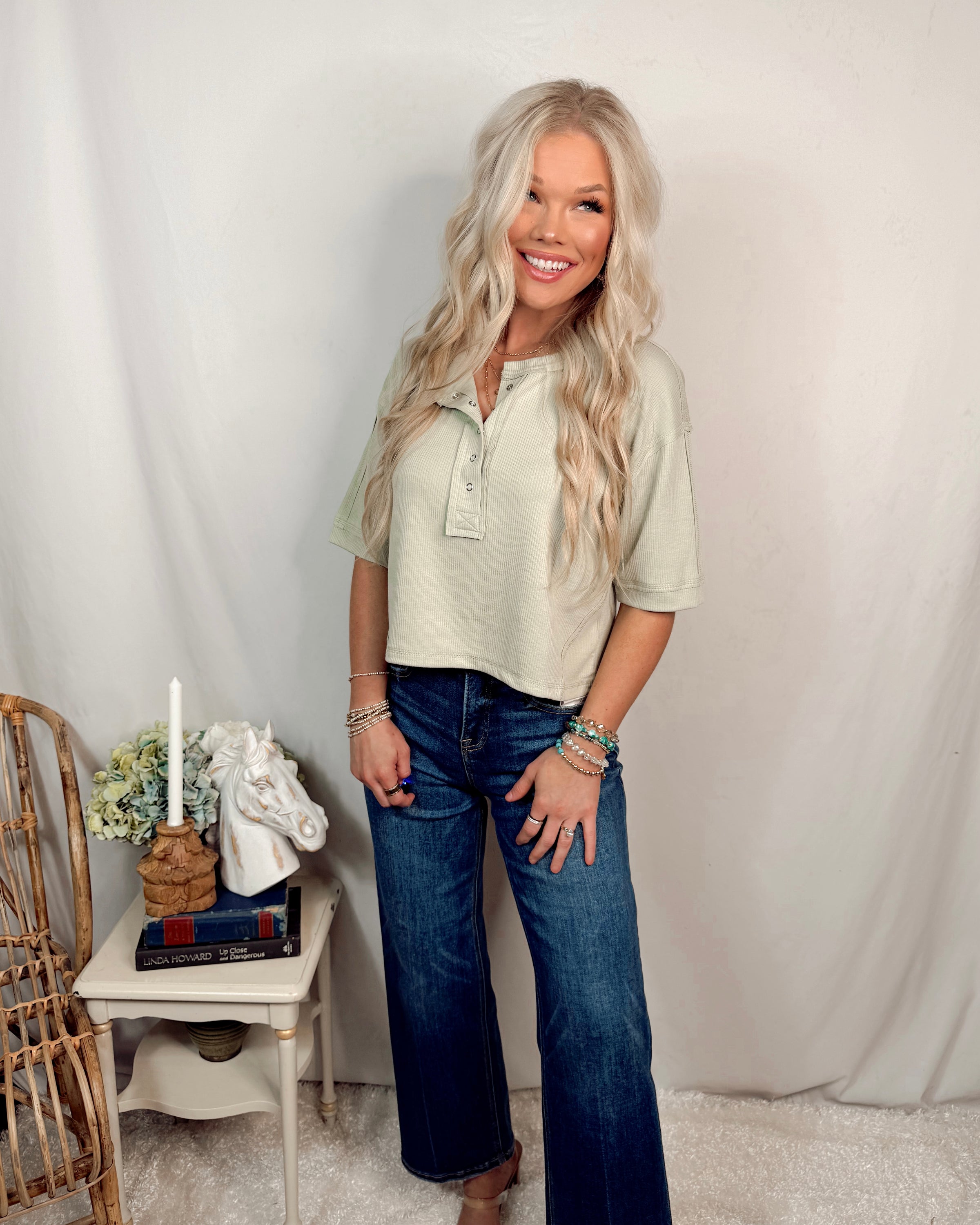 Effortless Charm Boxy Henley Knit Top - Light Sage