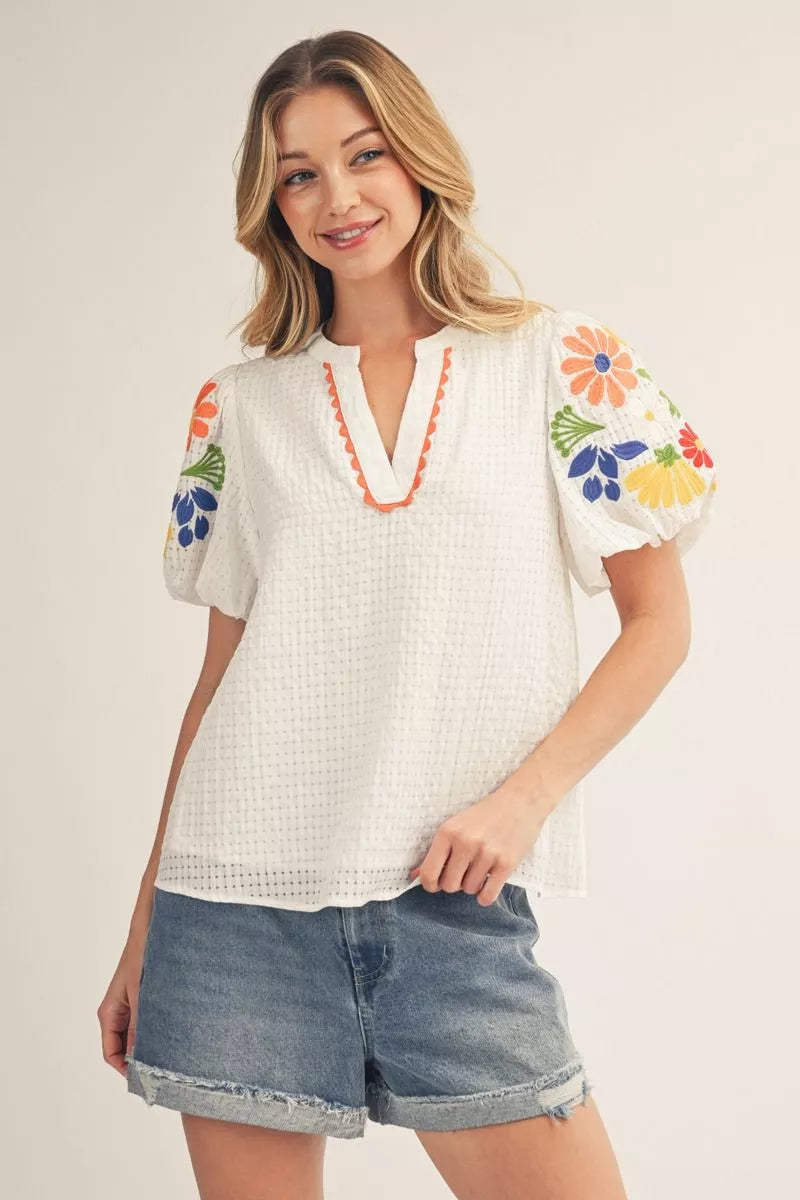 Sunshine Stitch Gingham Embroidered Sleeve Top - White