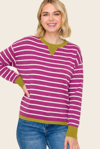 This & That Oversized Striped Knit Sweater - Magenta